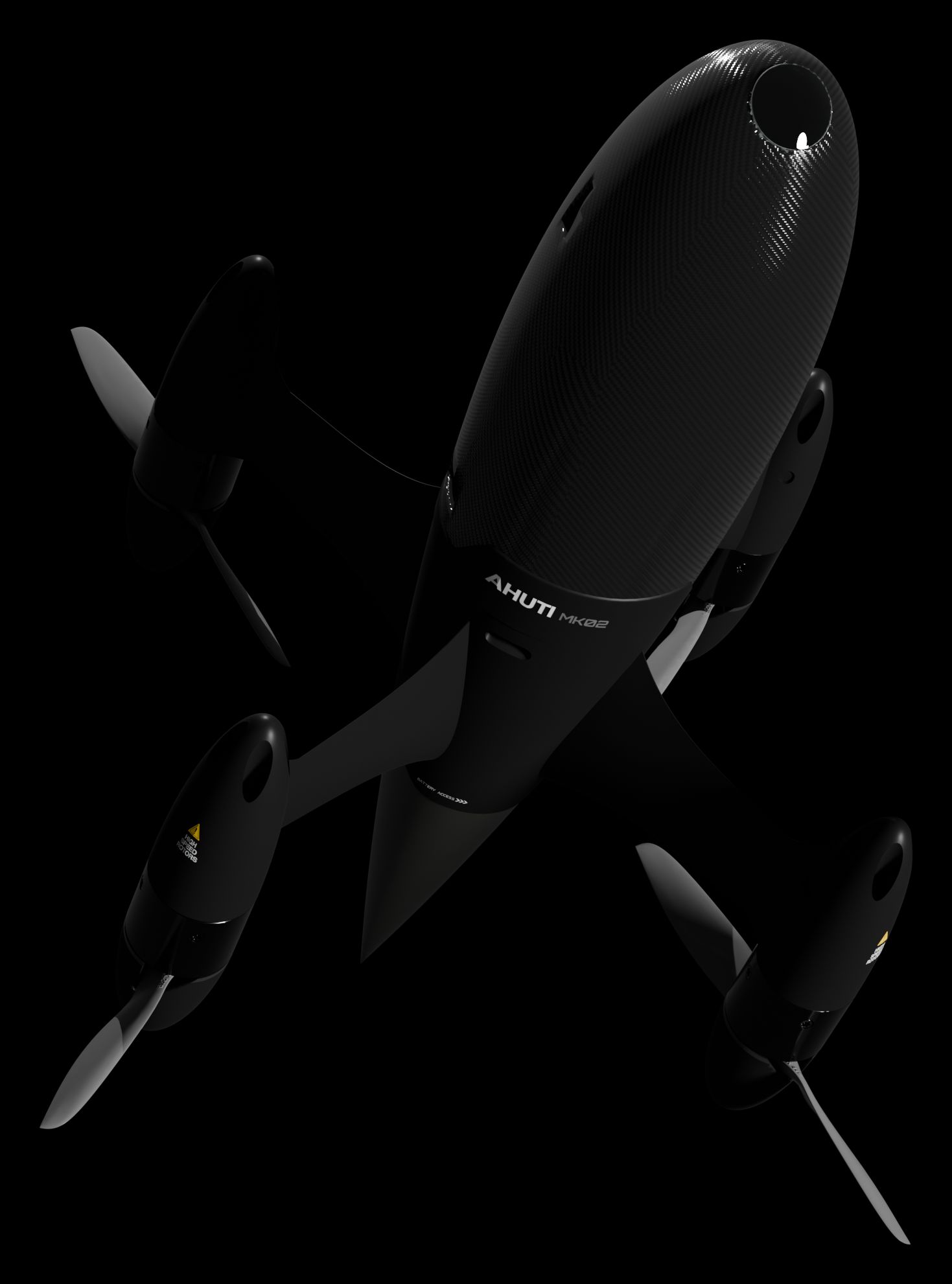Ahuti Mk II, carbon-fibre fuselage and four rotors, seen from below