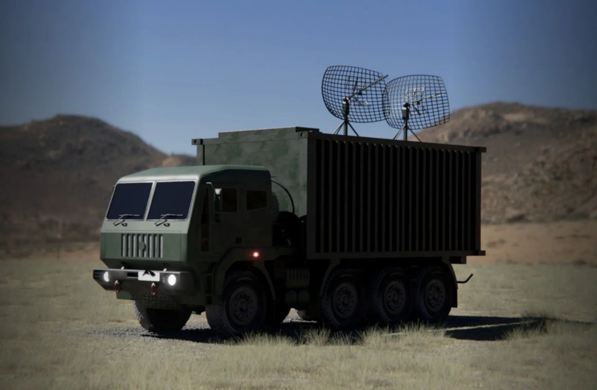 MDCC shelter body and dish antennas on an 8x8 chassis, deployed in open terrain