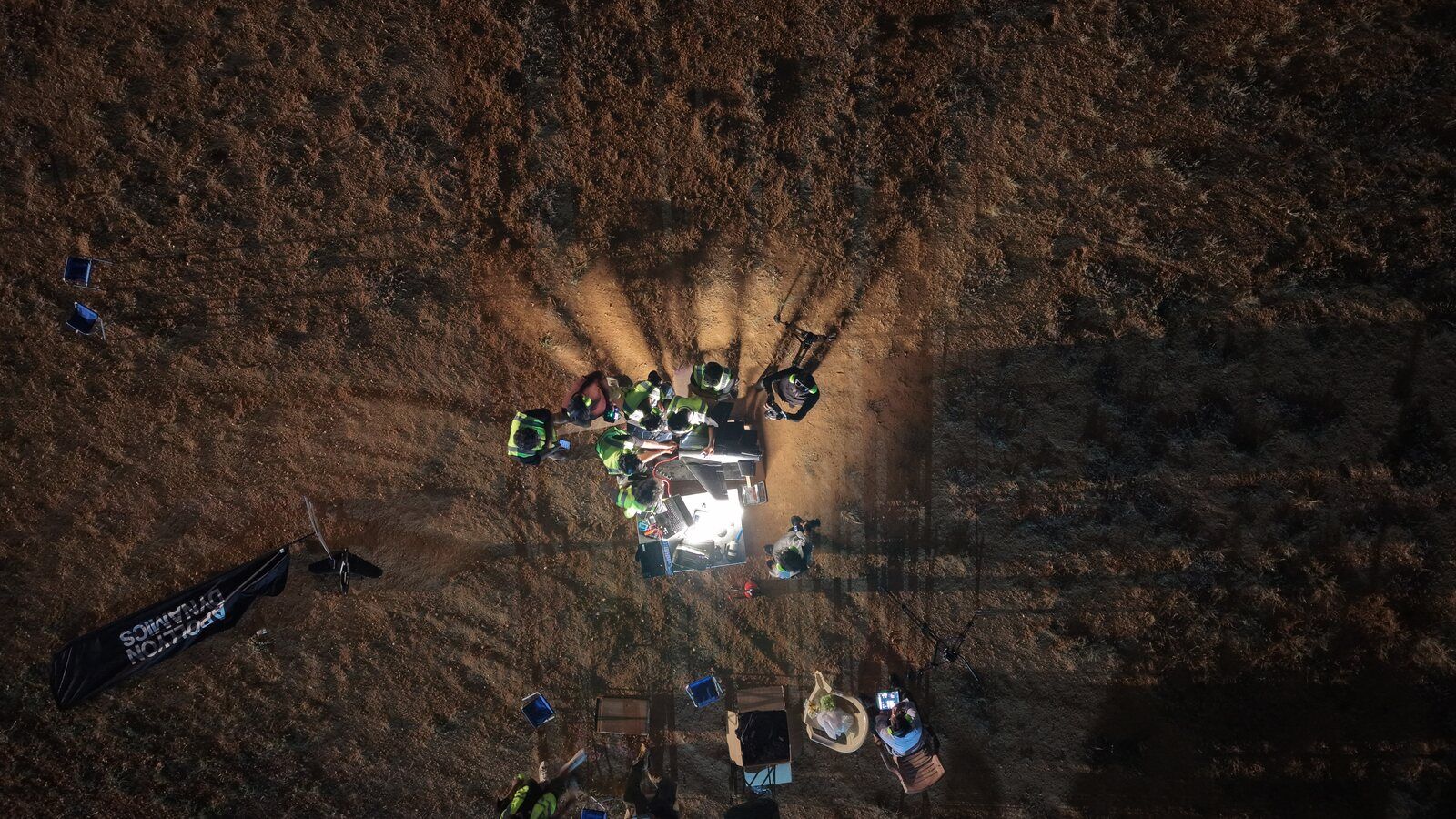 The Apollyon Dynamics team preparing a drone at night
